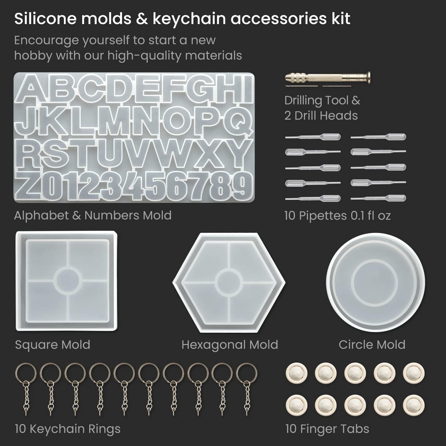 ARTEZA Resin Keychain Molds and Accessories, 37-Piece Kit, Numbers and Alphabet Silicone Molds, Keychain Rings, Finger Tabs, Pipettes, Drilling Tool