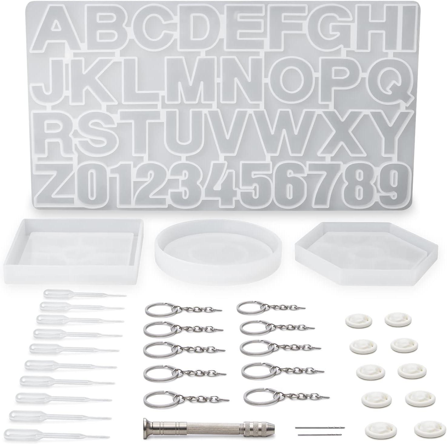 ARTEZA Resin Keychain Molds and Accessories, 37-Piece Kit, Numbers and Alphabet Silicone Molds, Keychain Rings, Finger Tabs, Pipettes, Drilling Tool