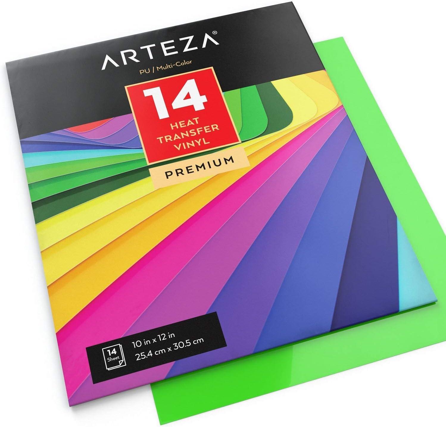ARTEZA HTV Vinyl Bundle, 14 Multi-Color Iron On Heat Transfer Sheets, 10×12 Inches, Flexible & Easy to Weed, Use with Any Craft Cutting Machine, Boxed