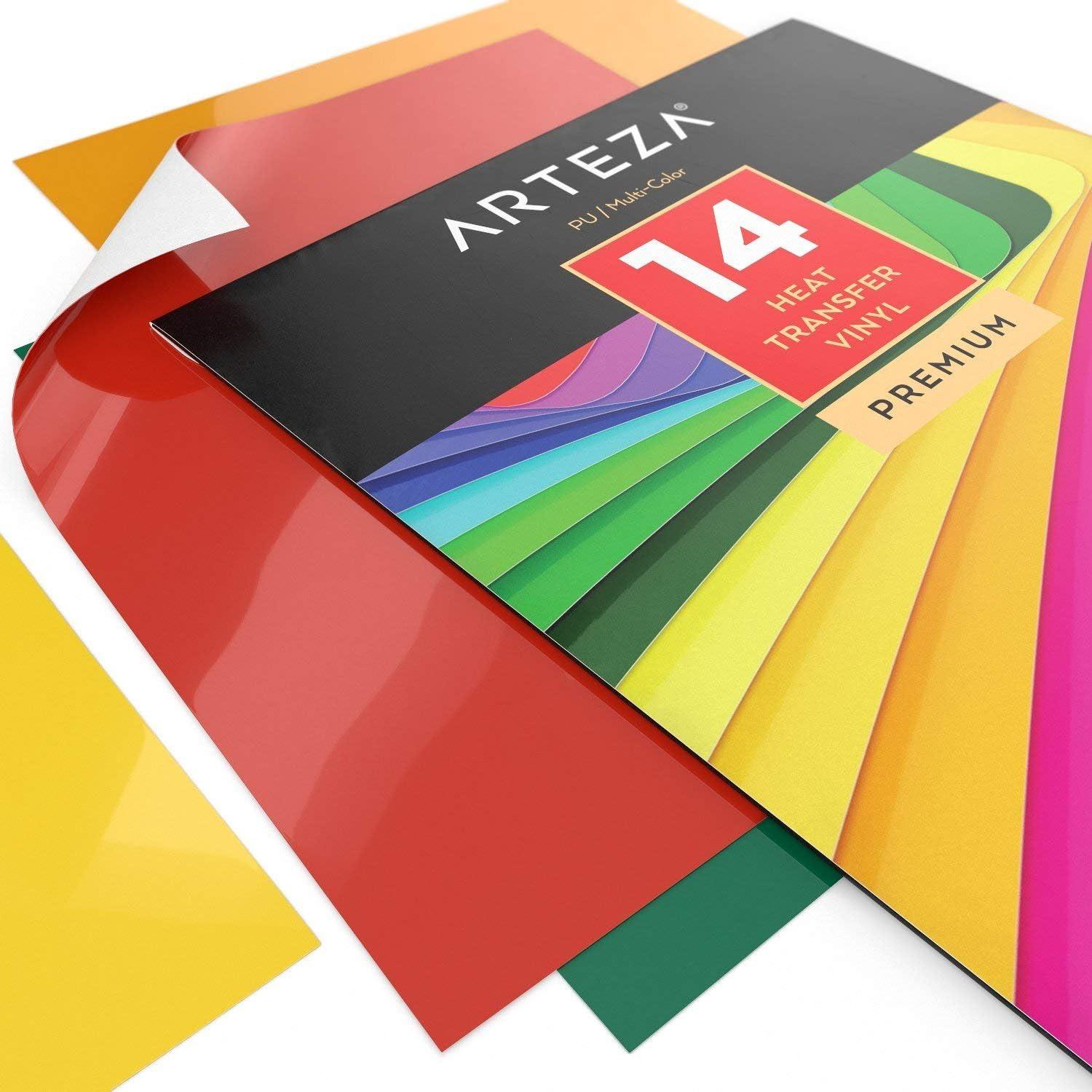 ARTEZA HTV Vinyl Bundle, 14 Multi-Color Iron On Heat Transfer Sheets, 10×12 Inches, Flexible & Easy to Weed, Use with Any Craft Cutting Machine, Boxed