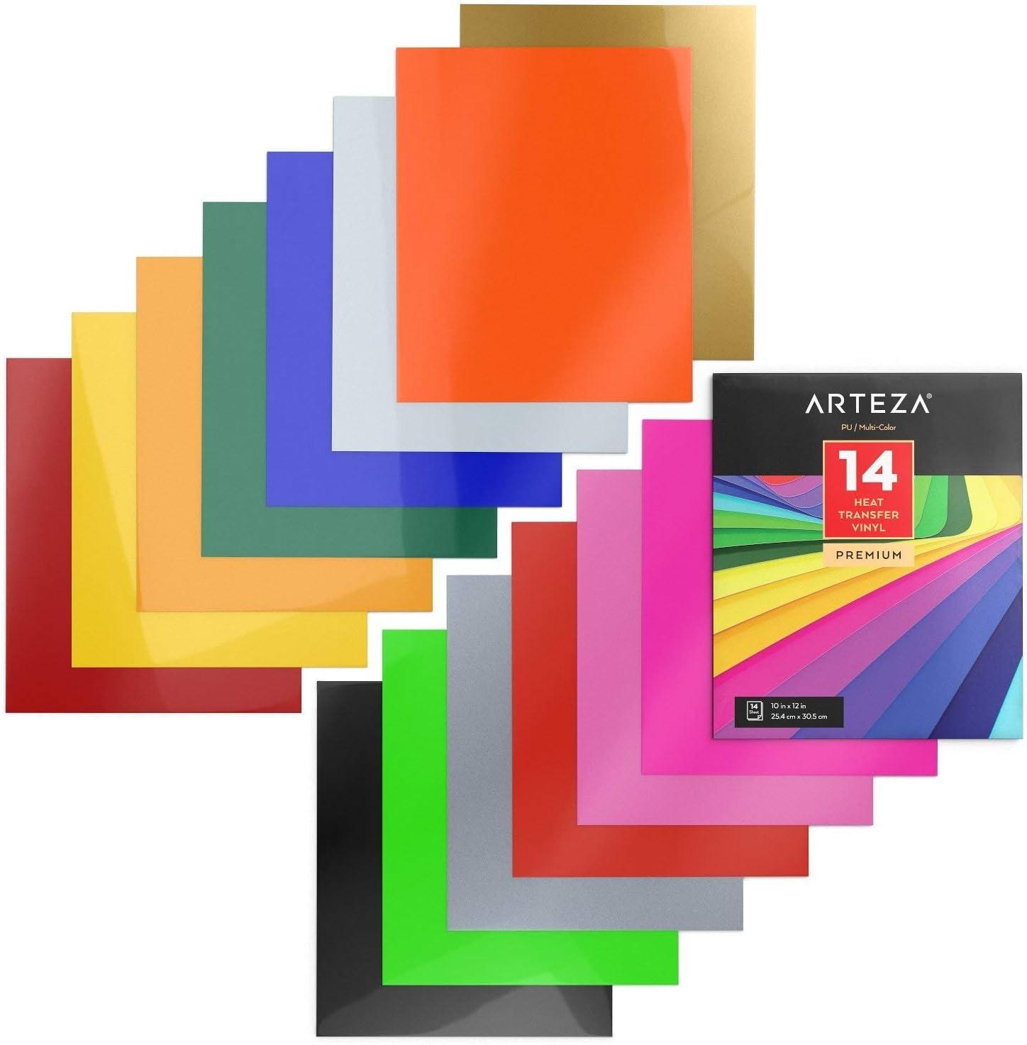 ARTEZA HTV Vinyl Bundle, 14 Multi-Color Iron On Heat Transfer Sheets, 10×12 Inches, Flexible & Easy to Weed, Use with Any Craft Cutting Machine, Boxed