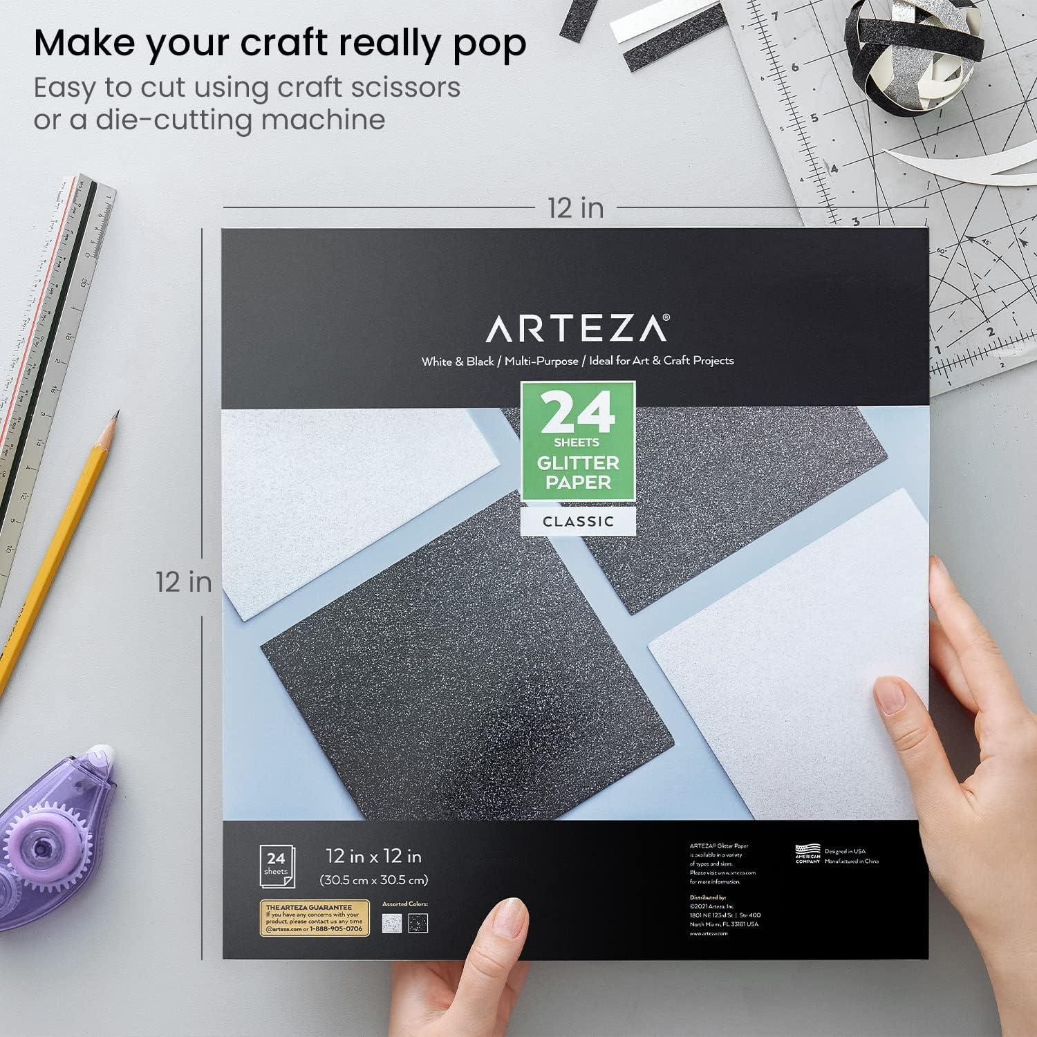 Arteza Glitter Paper, 24 Sheets, 12 x 12 Inches, Gold and Silver Scrapbook Paper, Arts and Crafts Supplies for Holiday Decor, Decoupage, and DIY Projects(White & Black)