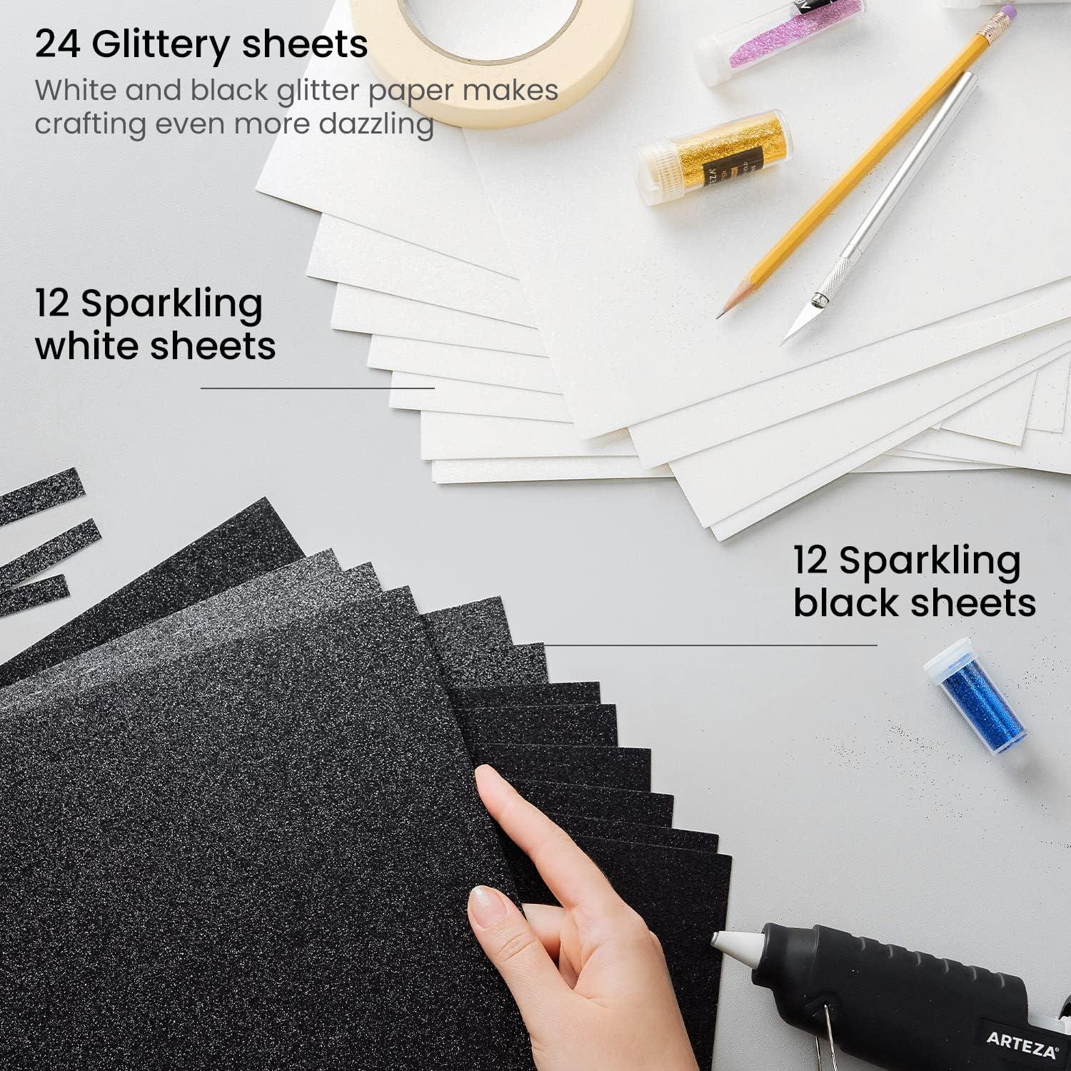 Arteza Glitter Paper, 24 Sheets, 12 x 12 Inches, Gold and Silver Scrapbook Paper, Arts and Crafts Supplies for Holiday Decor, Decoupage, and DIY Projects(White & Black)