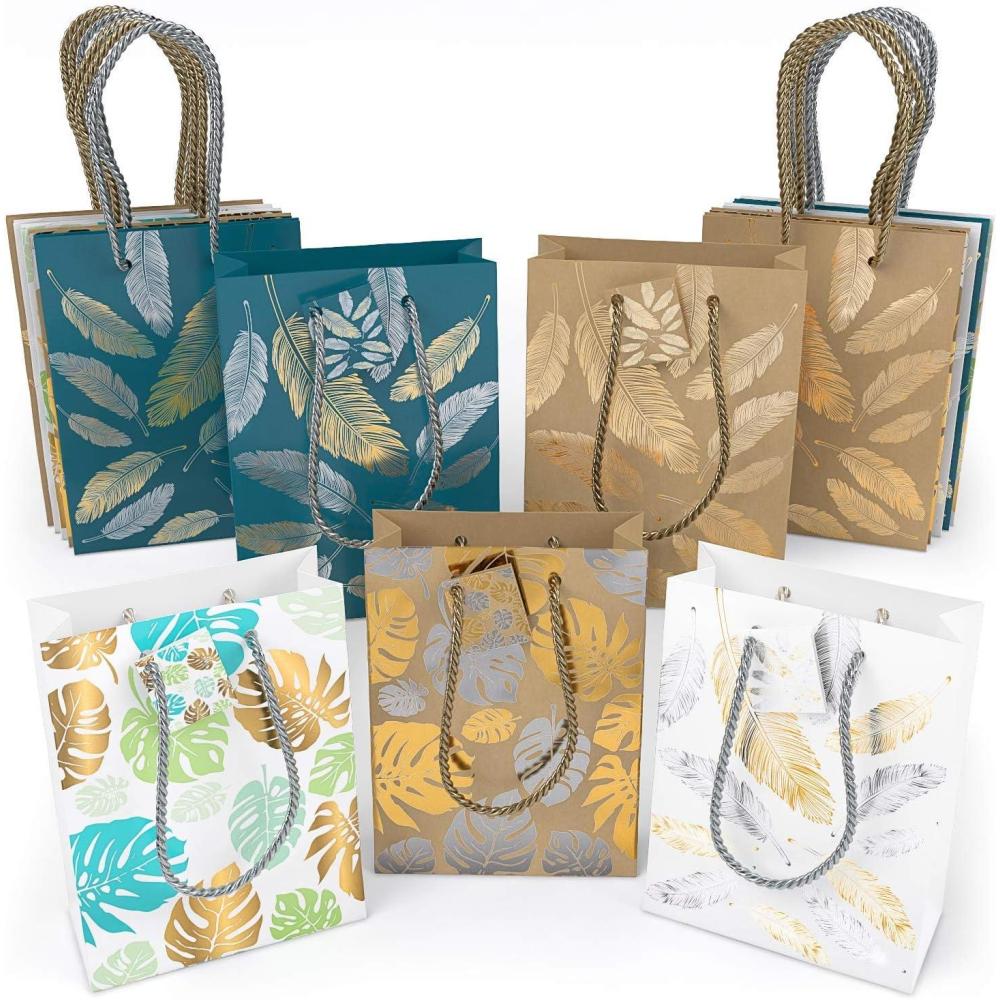 Arteza Gift Bags 9.5x7x3.4, Set of 15 Bags (5 White Designs, 3 Pieces in Each Style), Perfect for Any Holiday Occasion, Graduations, Birthday Parties, and More (5 Mixed Designs)