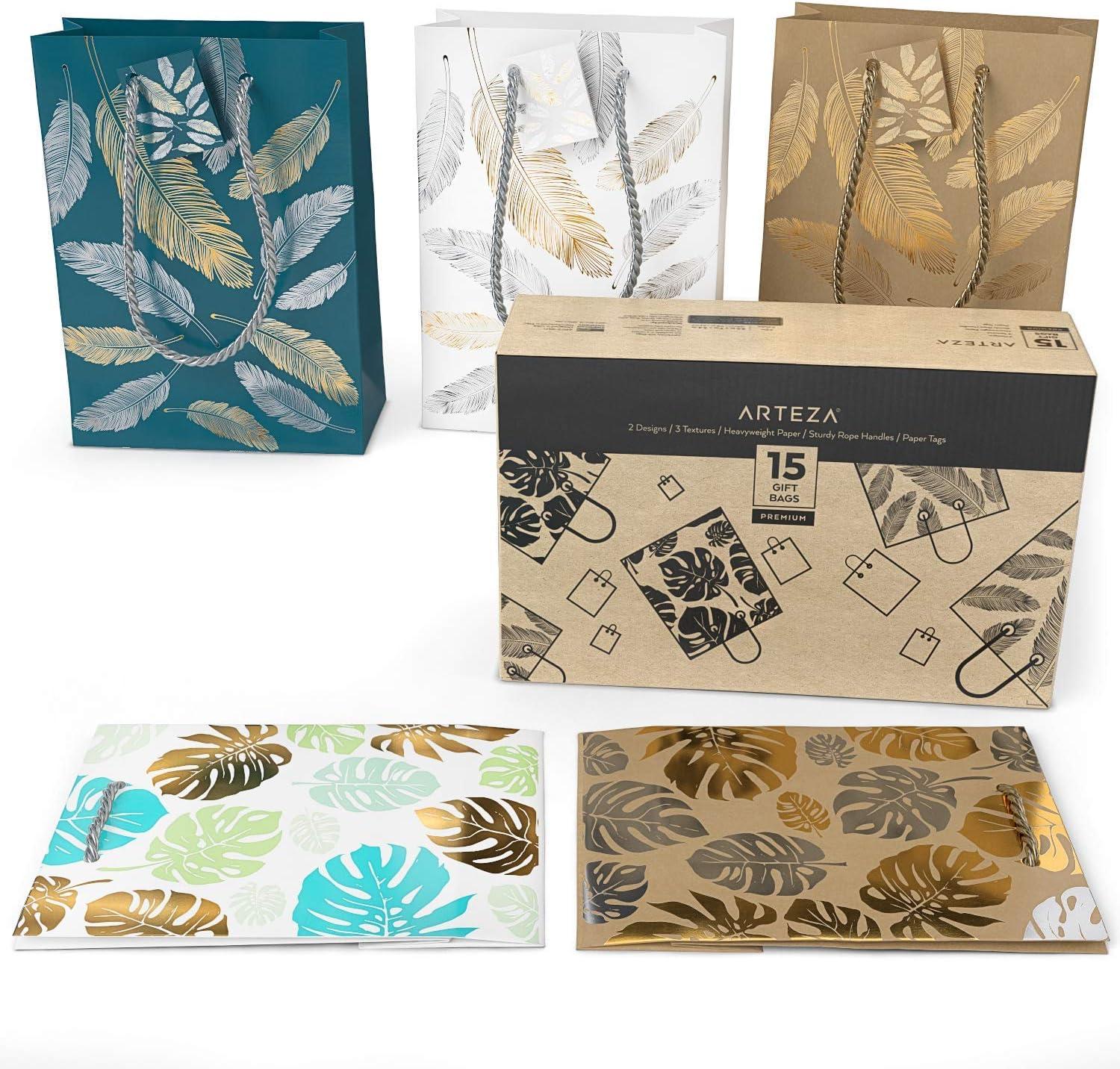 Arteza Gift Bags 9.5x7x3.4, Set of 15 Bags (5 White Designs, 3 Pieces in Each Style), Perfect for Any Holiday Occasion, Graduations, Birthday Parties, and More (5 Mixed Designs)