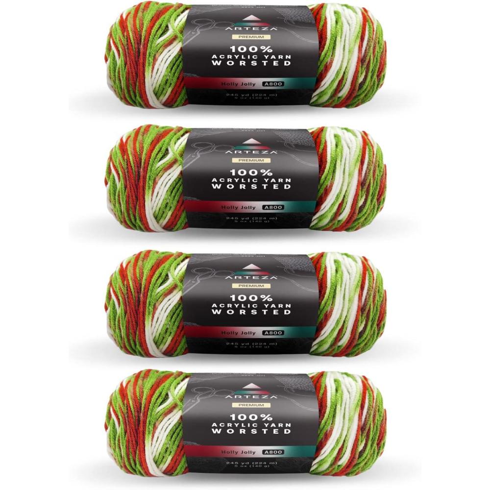 ARTEZA Acrylic Yarn for Crocheting, 4 x 200-g Skeins of Worsted Yarn for Knitting, Mossy A602, Knitting & Crochet Supplies(Holly Jolly)