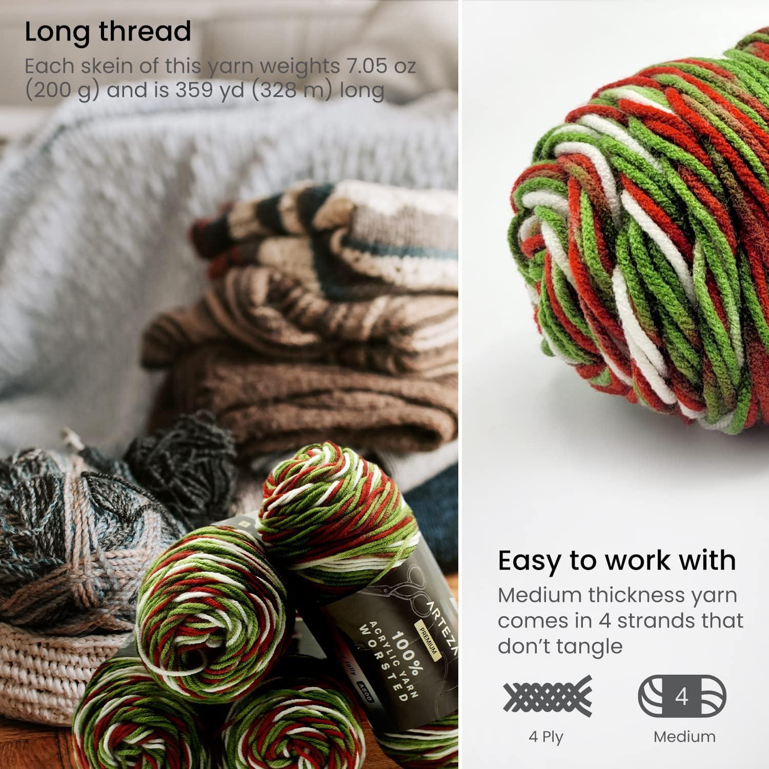 ARTEZA Acrylic Yarn for Crocheting, 4 x 200-g Skeins of Worsted Yarn for Knitting, Mossy A602, Knitting & Crochet Supplies(Holly Jolly)