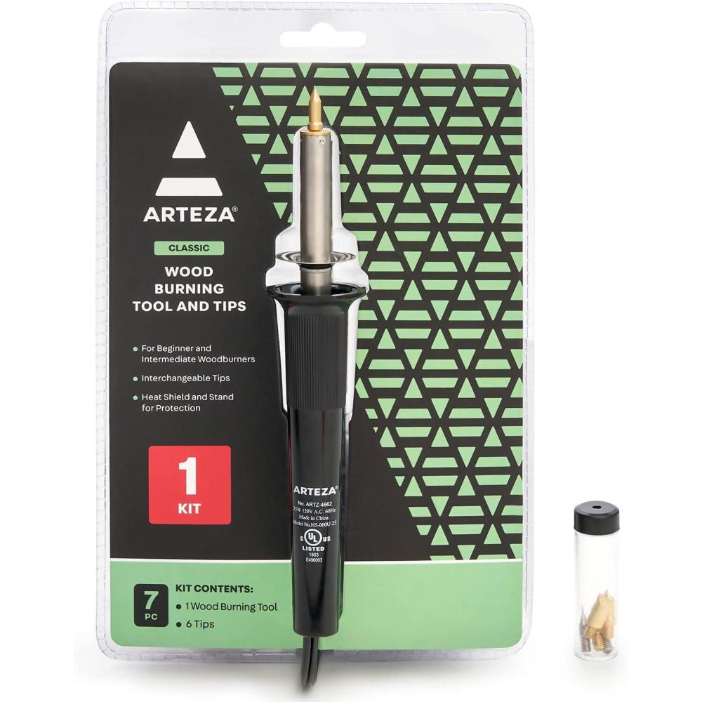 Arteza Wood Burning Kit, 1 Pyrography Pen, 6 Interchangeable Tips, 300–400°C, 25W, Heat Shield and Stand, for Beginners, Intermediates, and Hobbyists