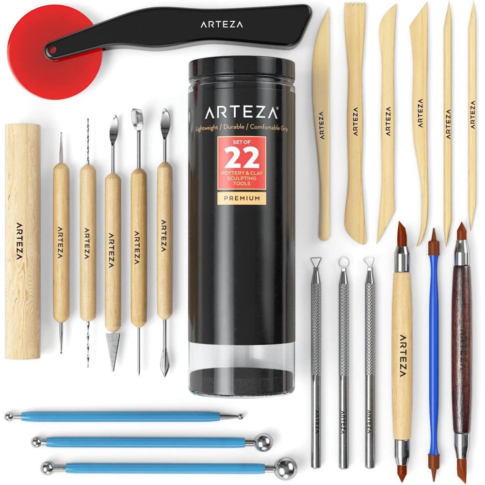 ARTEZA Pottery & Polymer Clay Tools, 22-Piece Sculpting Set with Steel Tips and Wooden Handles, Craft Kit for Pottery Modeling and Carving(Set of 22)