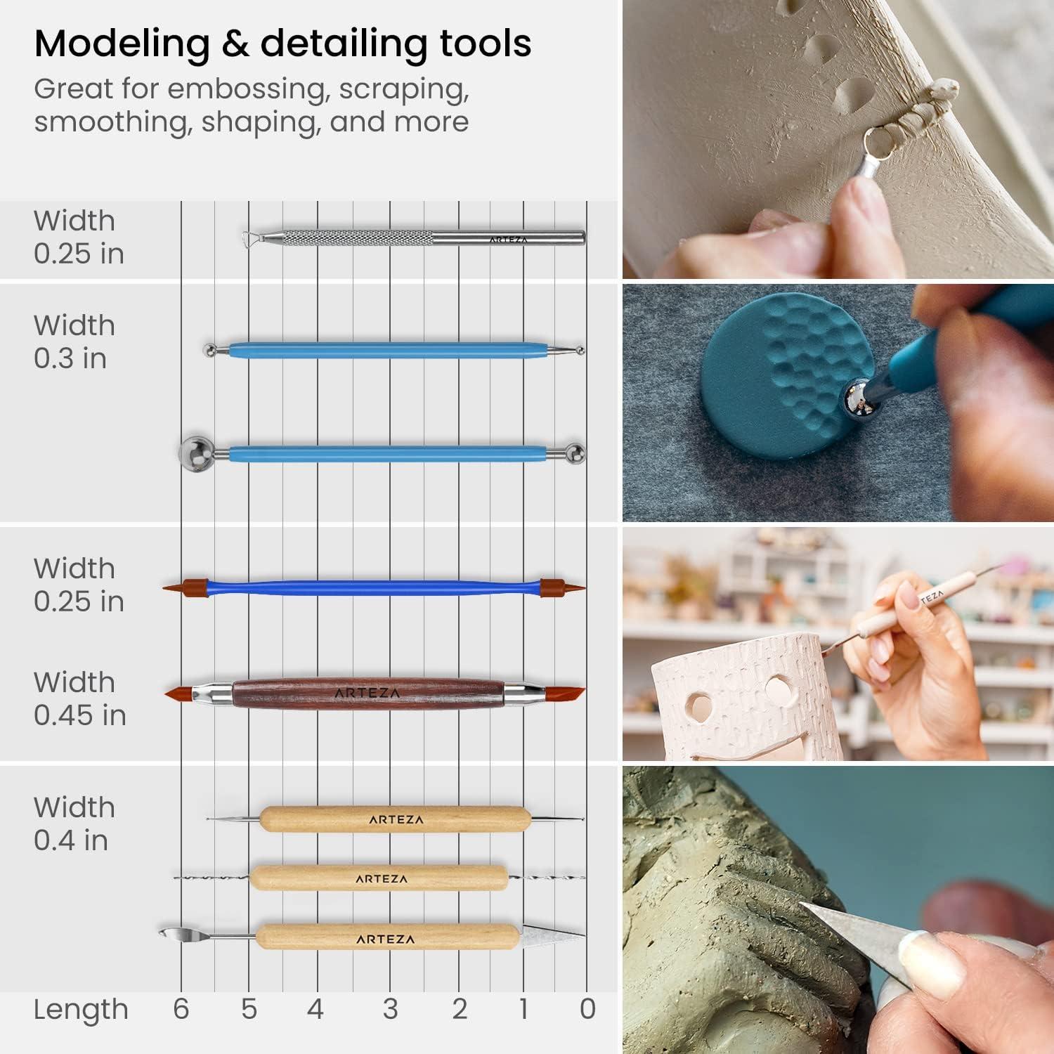 ARTEZA Pottery & Polymer Clay Tools, 22-Piece Sculpting Set with Steel Tips and Wooden Handles, Craft Kit for Pottery Modeling and Carving(Set of 22)