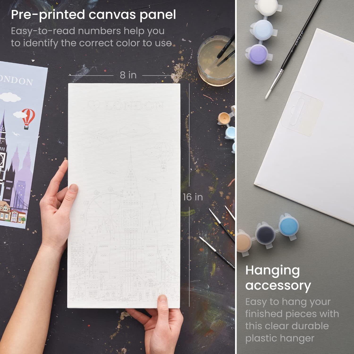 ARTEZA Paint by Numbers Kit, 12×16 Inches, 21 Pieces, Monstera Canvas Painting Kit, Canvas Panel, 12 Acrylic Paint Pots, 5 Paintbrushes, Art Supplies for a Meditative and Calming(Tri-Panel Cities)