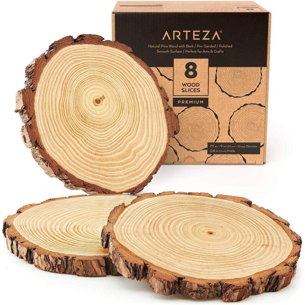ARTEZA Natural Wood Slices, 3.5-4 Inch Diameter, Set of 25, Brown Round Pine Wood Discs with Bark for Crafts, Christmas Ornaments, Centerpieces(youth large / 11-13)