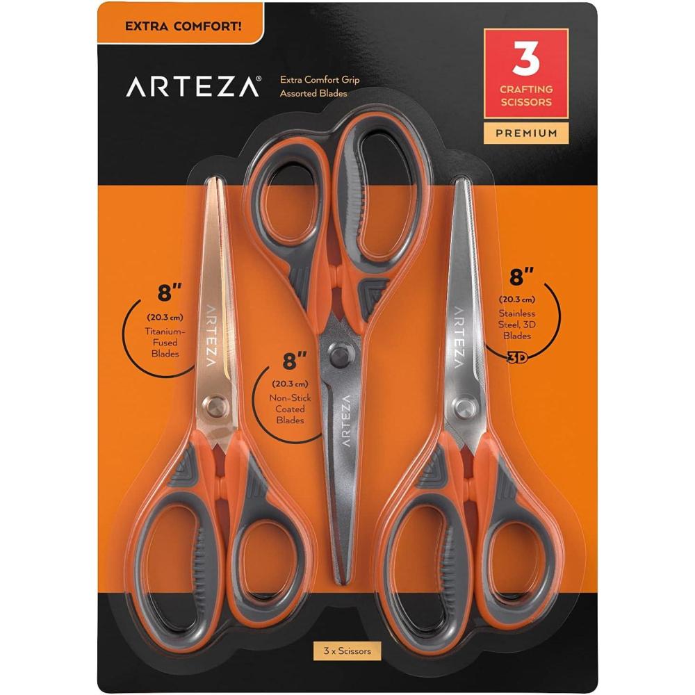 Arteza Craft Scissors, Set of 3, 8-Inch Scissors with Different Blades, Titanium Nonstick Stainless Steel Blades, Craft Supplies for Scrapbooking, Building Models, and Cutting Felt Designs(Craft)