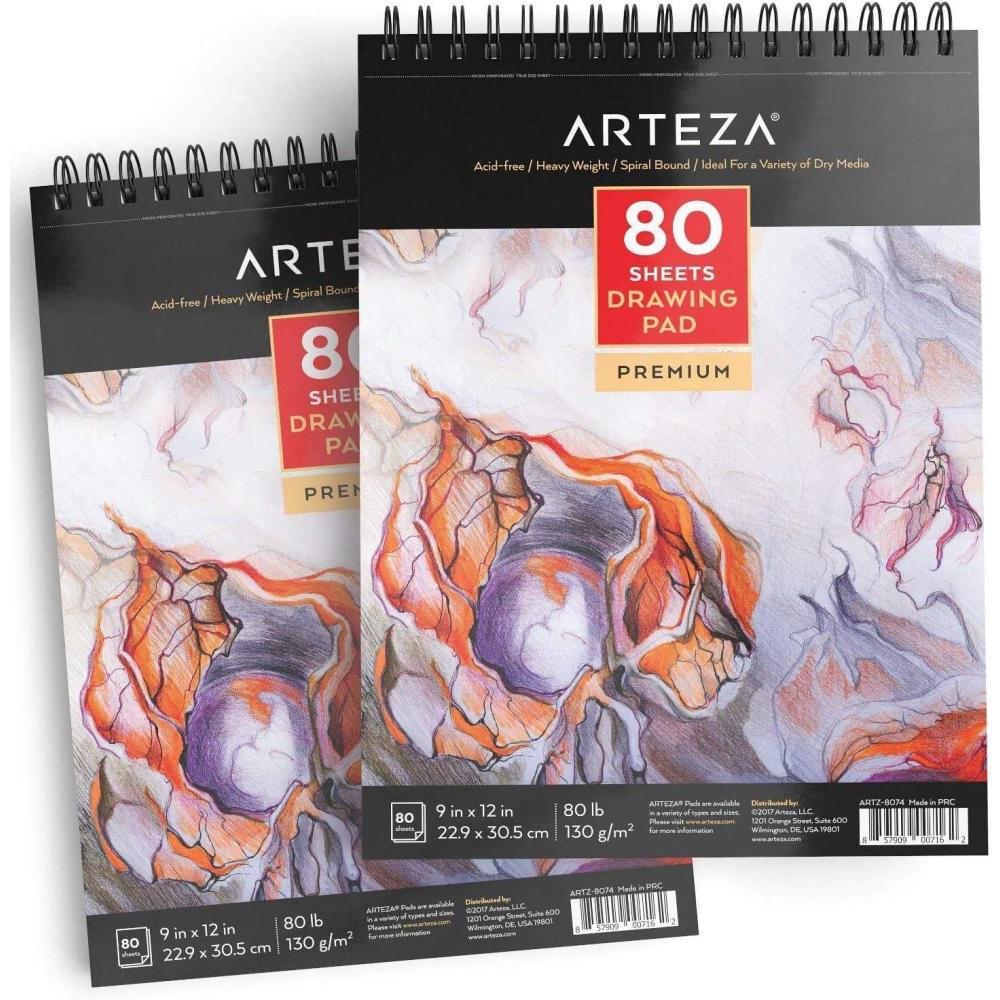 ARTEZA Artist Sketch Pad, 9×12 Inches – 2-Pack, 80 Spiral-Bound Sheets Each, Acid-Free 80 lb White Paper for Sketching, Drawing & Daily Art Practice(9″x12″ (Pack of 2))