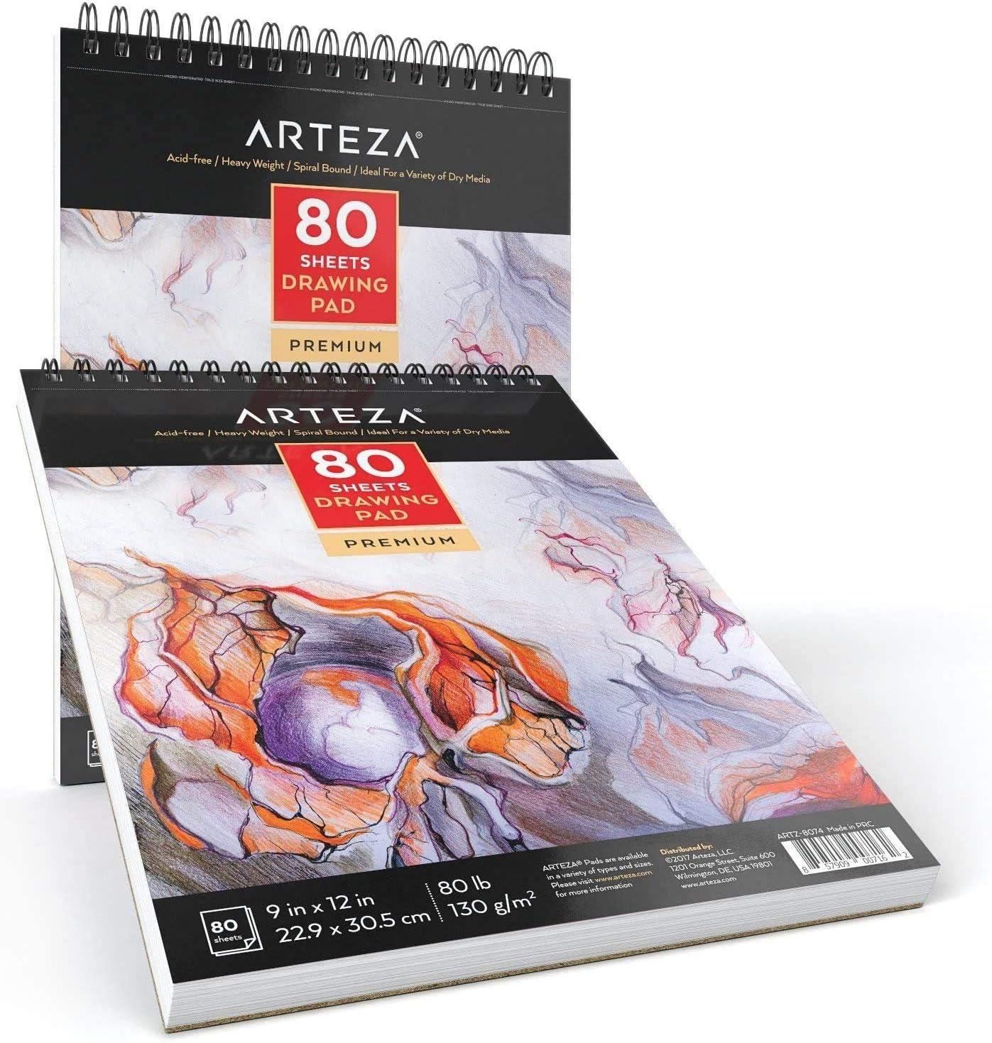 ARTEZA Artist Sketch Pad, 9×12 Inches – 2-Pack, 80 Spiral-Bound Sheets Each, Acid-Free 80 lb White Paper for Sketching, Drawing & Daily Art Practice(9″x12″ (Pack of 2))