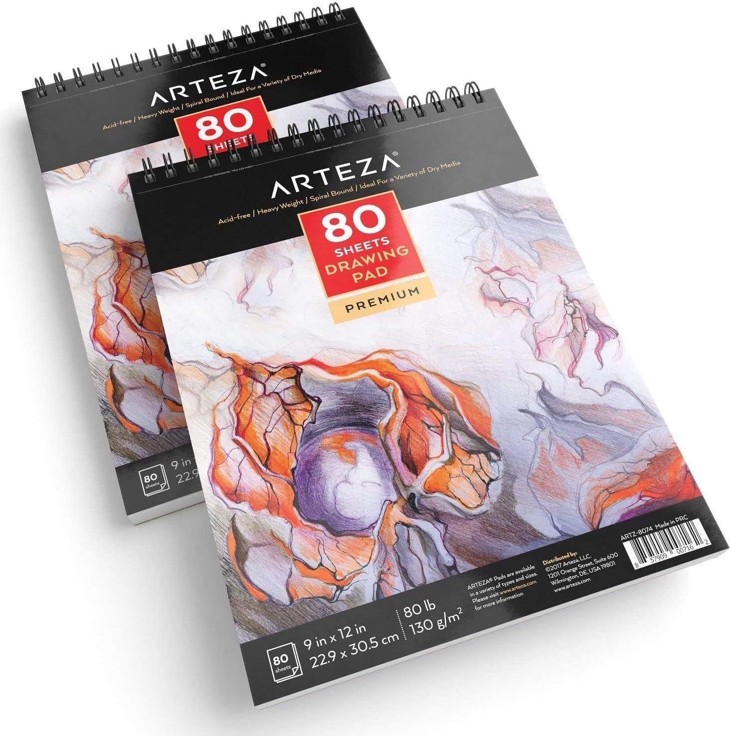 ARTEZA Artist Sketch Pad, 9×12 Inches – 2-Pack, 80 Spiral-Bound Sheets Each, Acid-Free 80 lb White Paper for Sketching, Drawing & Daily Art Practice(9″x12″ (Pack of 2))