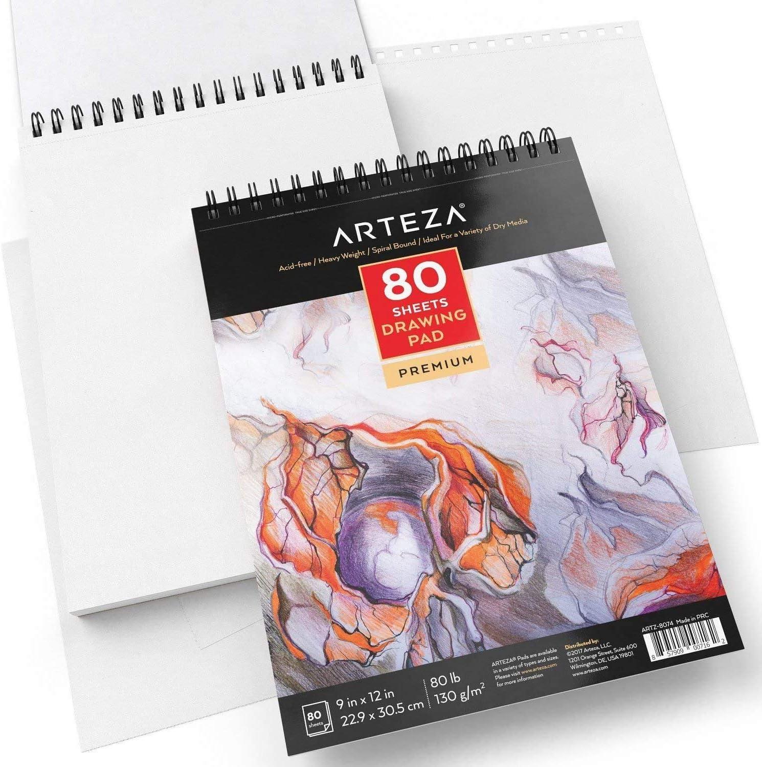 ARTEZA Artist Sketch Pad, 9×12 Inches – 2-Pack, 80 Spiral-Bound Sheets Each, Acid-Free 80 lb White Paper for Sketching, Drawing & Daily Art Practice(9″x12″ (Pack of 2))