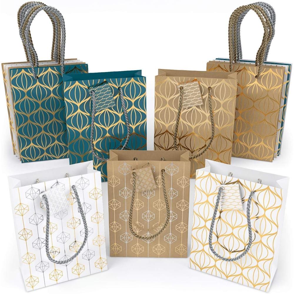 Arteza Gift Bags 9.5x7x3.4, Set of 15 Bags (5 White Designs, 3 Pieces in Each Style), Perfect for Any Holiday Occasion, Graduations, Birthday Parties, and More (3 of Each Style)