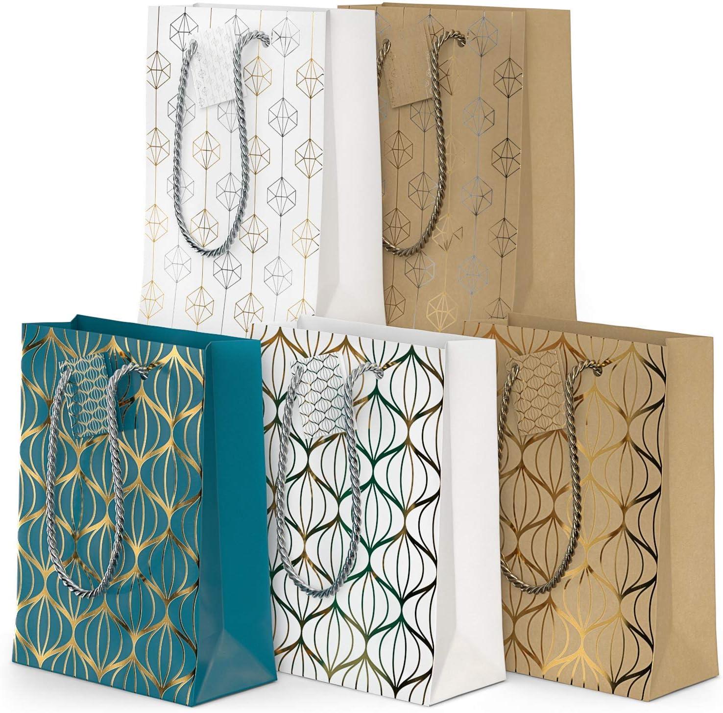 Arteza Gift Bags 9.5x7x3.4, Set of 15 Bags (5 White Designs, 3 Pieces in Each Style), Perfect for Any Holiday Occasion, Graduations, Birthday Parties, and More (3 of Each Style)