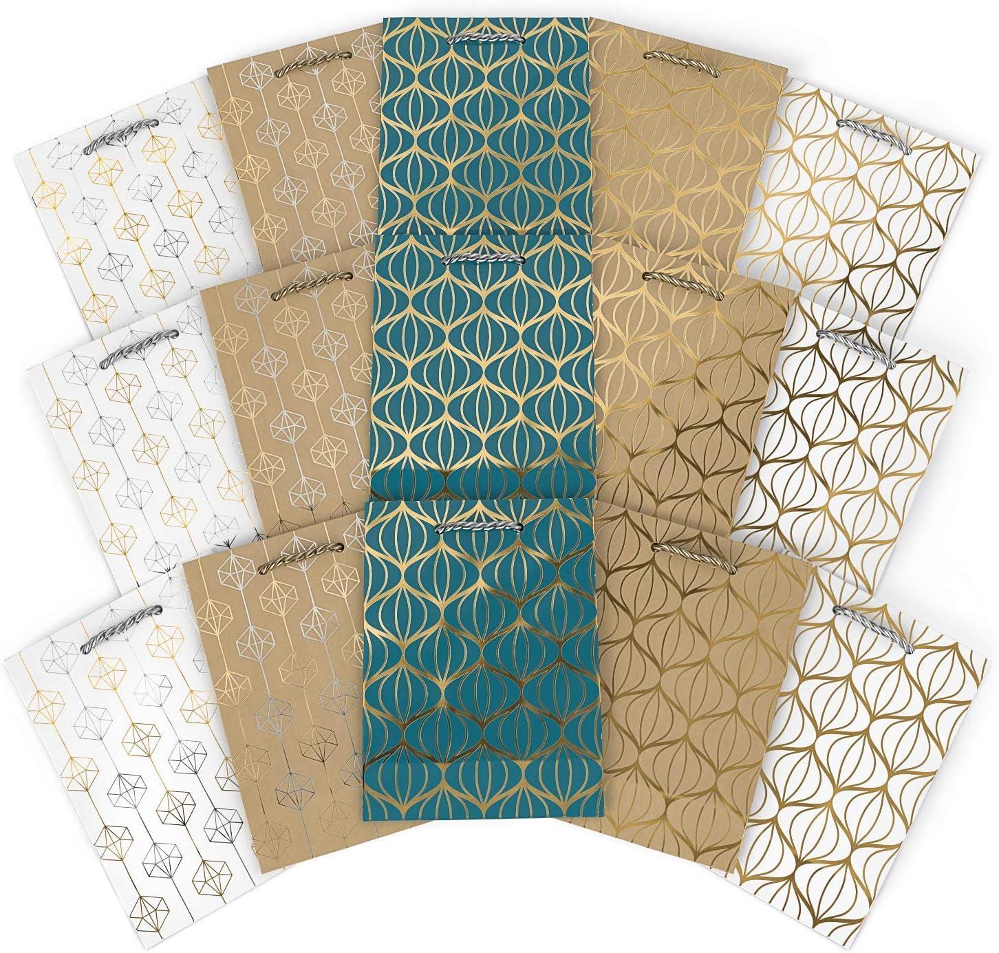 Arteza Gift Bags 9.5x7x3.4, Set of 15 Bags (5 White Designs, 3 Pieces in Each Style), Perfect for Any Holiday Occasion, Graduations, Birthday Parties, and More (3 of Each Style)