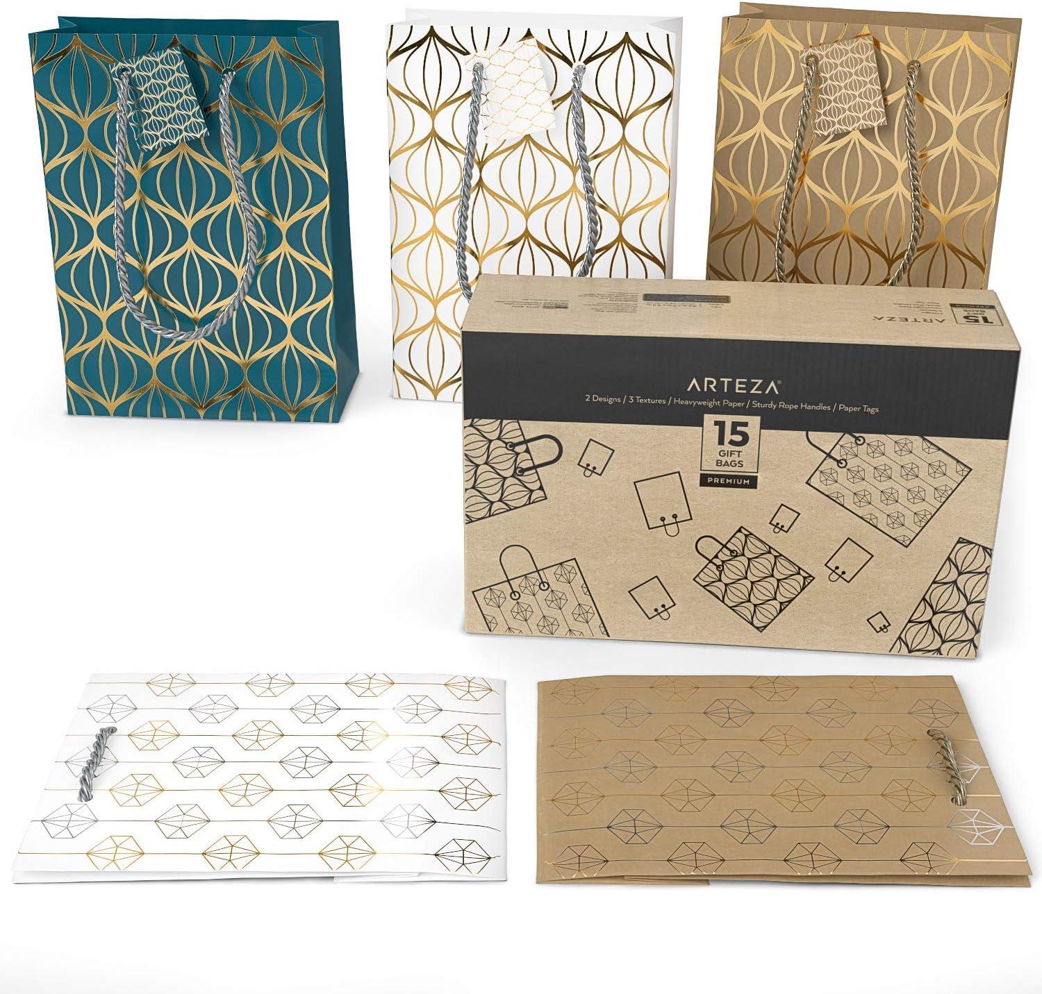 Arteza Gift Bags 9.5x7x3.4, Set of 15 Bags (5 White Designs, 3 Pieces in Each Style), Perfect for Any Holiday Occasion, Graduations, Birthday Parties, and More (3 of Each Style)