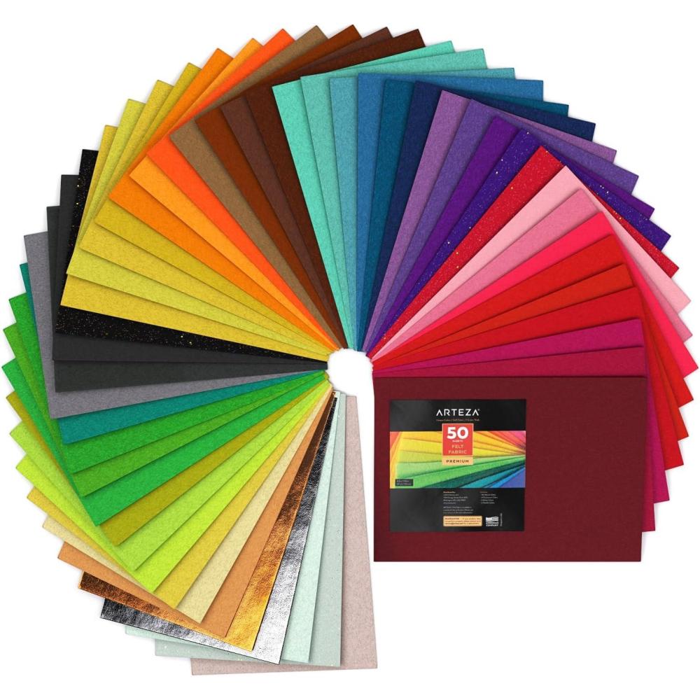 ARTEZA Craft Felt Sheets, 8.3 x 11.8 Inches, Set of 50, Assorted Colors, Stiff Non Woven Felt Fabric for Sewing and DIY Projects