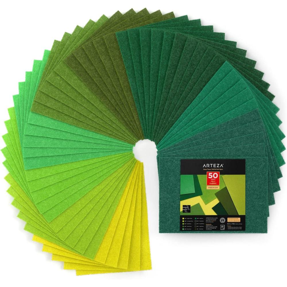 Arteza Green Felt Sheets – Set of 50, 8.3 x 11.8 inches, 10 Tones, 20 Soft & 30 Stiff Felt Fabric Squares, 1.5mm & 1.3mm Thick, Sewing Fabric for DIY Projects