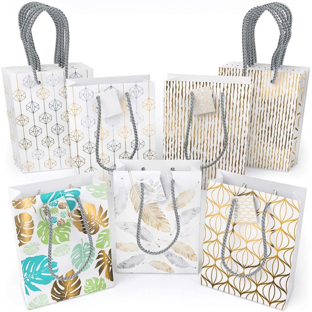 Arteza Gift Bags 9.5x7x3.4, Set of 15 Bags (5 White Designs, 3 Pieces in Each Style), Perfect for Any Holiday Occasion, Graduations, Birthday Parties, and More (5 White Designs)