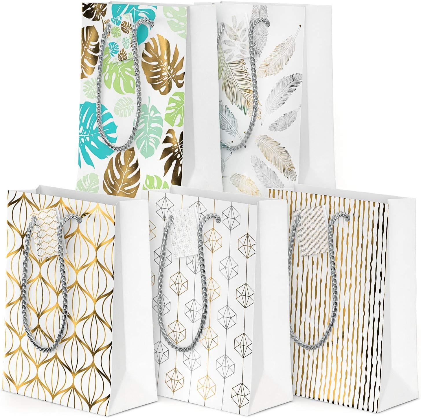 Arteza Gift Bags 9.5x7x3.4, Set of 15 Bags (5 White Designs, 3 Pieces in Each Style), Perfect for Any Holiday Occasion, Graduations, Birthday Parties, and More (5 White Designs)