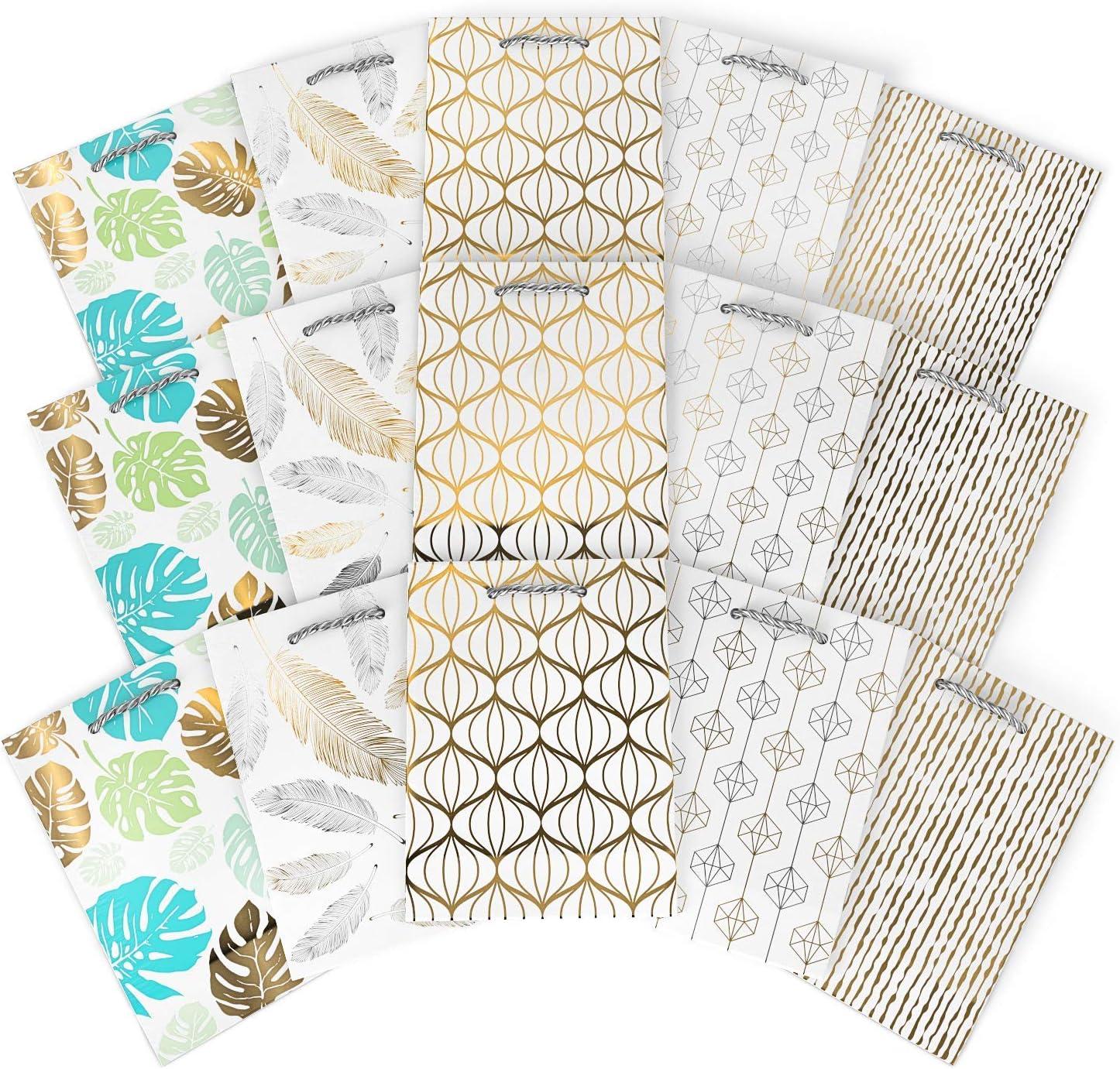 Arteza Gift Bags 9.5x7x3.4, Set of 15 Bags (5 White Designs, 3 Pieces in Each Style), Perfect for Any Holiday Occasion, Graduations, Birthday Parties, and More (5 White Designs)