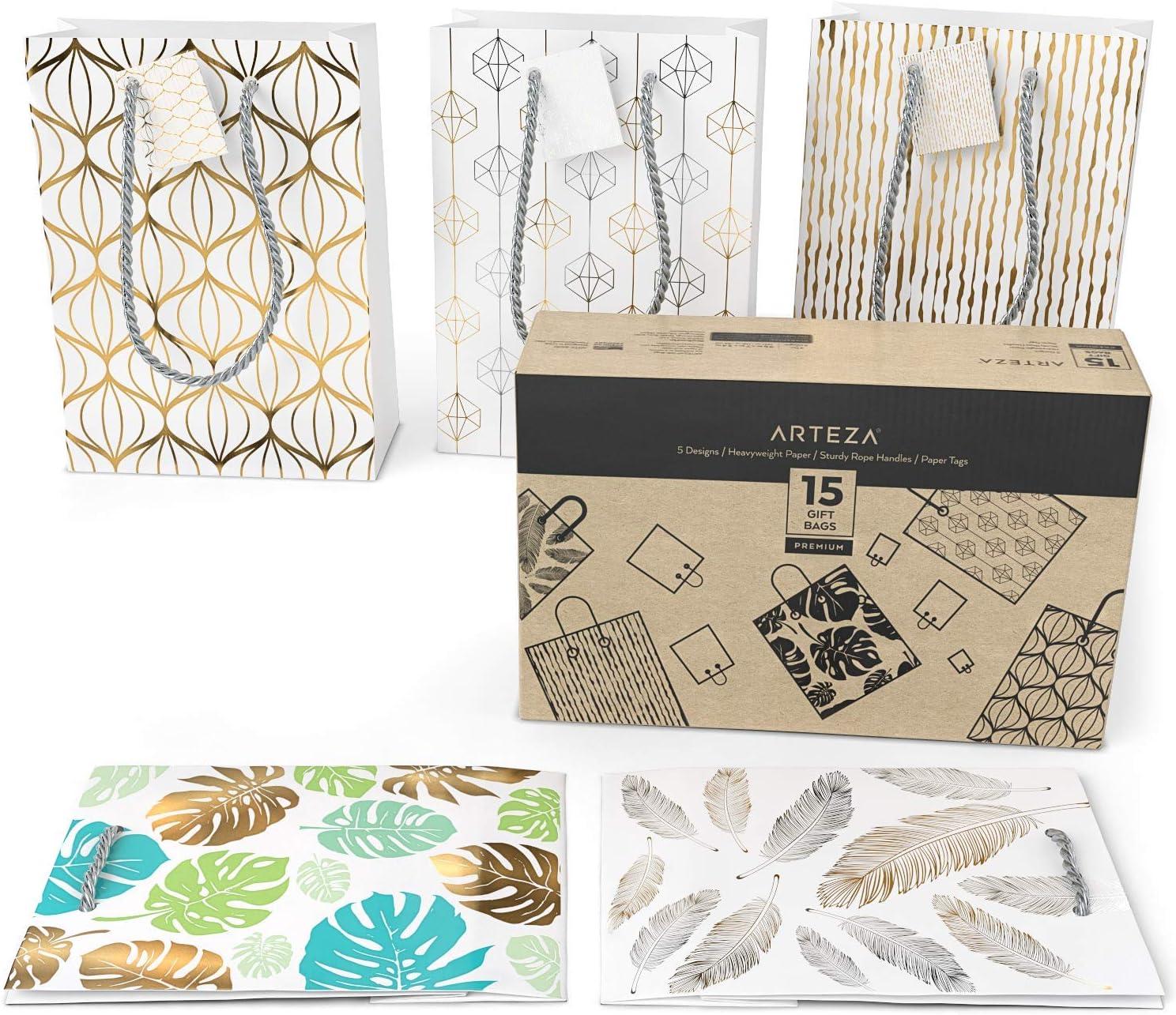Arteza Gift Bags 9.5x7x3.4, Set of 15 Bags (5 White Designs, 3 Pieces in Each Style), Perfect for Any Holiday Occasion, Graduations, Birthday Parties, and More (5 White Designs)