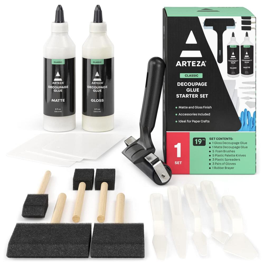 Arteza Decoupage Glue Refill Kit, 1 Gloss- and 1 Matte-Finish Glue, 16-oz Bottles, 3 Foam Brushes, 3 Pairs of Gloves, Art Supplies for Decoupaging on Glass and Furniture, with Fabric and Tissue Paper(Craft Kit)