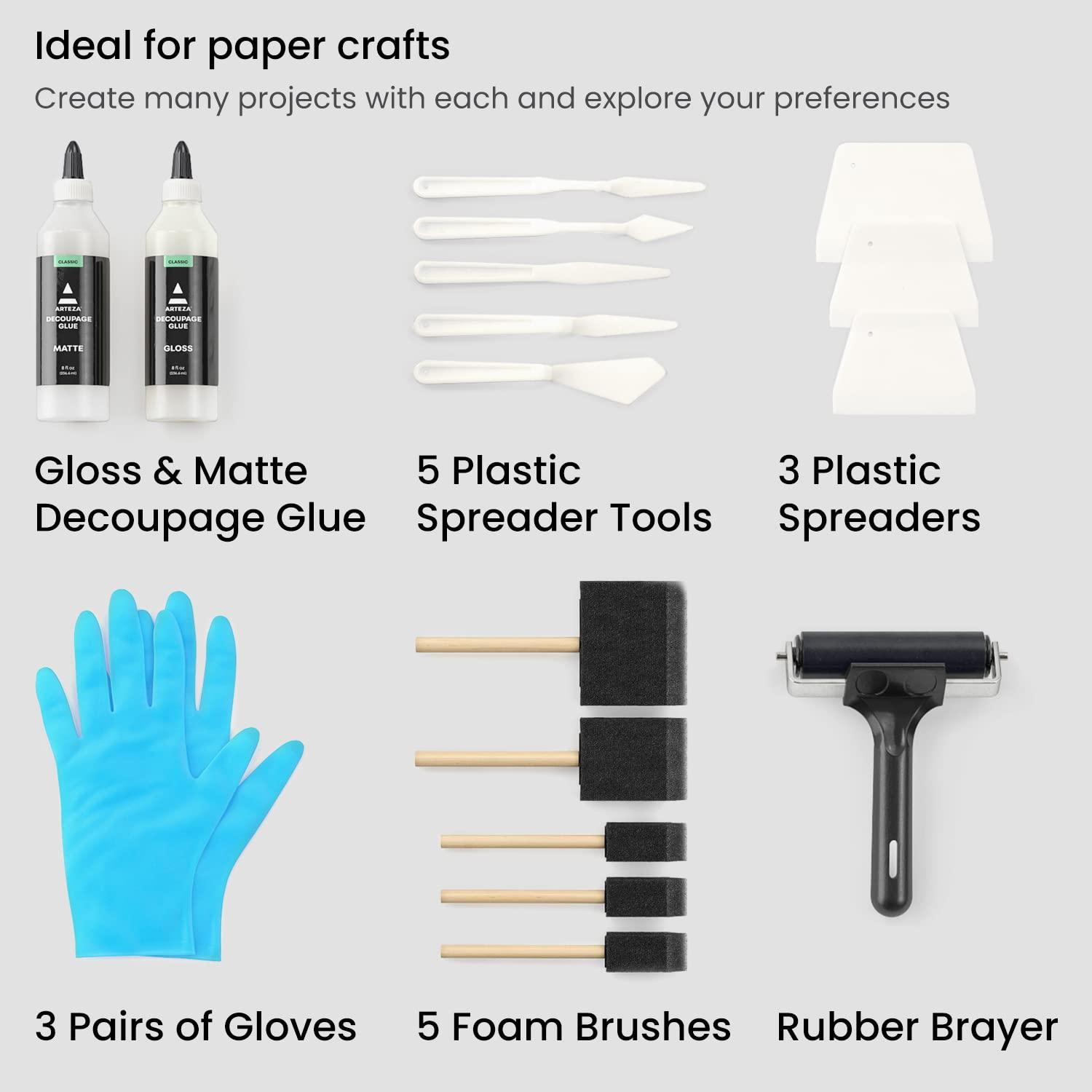 Arteza Decoupage Glue Refill Kit, 1 Gloss- and 1 Matte-Finish Glue, 16-oz Bottles, 3 Foam Brushes, 3 Pairs of Gloves, Art Supplies for Decoupaging on Glass and Furniture, with Fabric and Tissue Paper(Craft Kit)