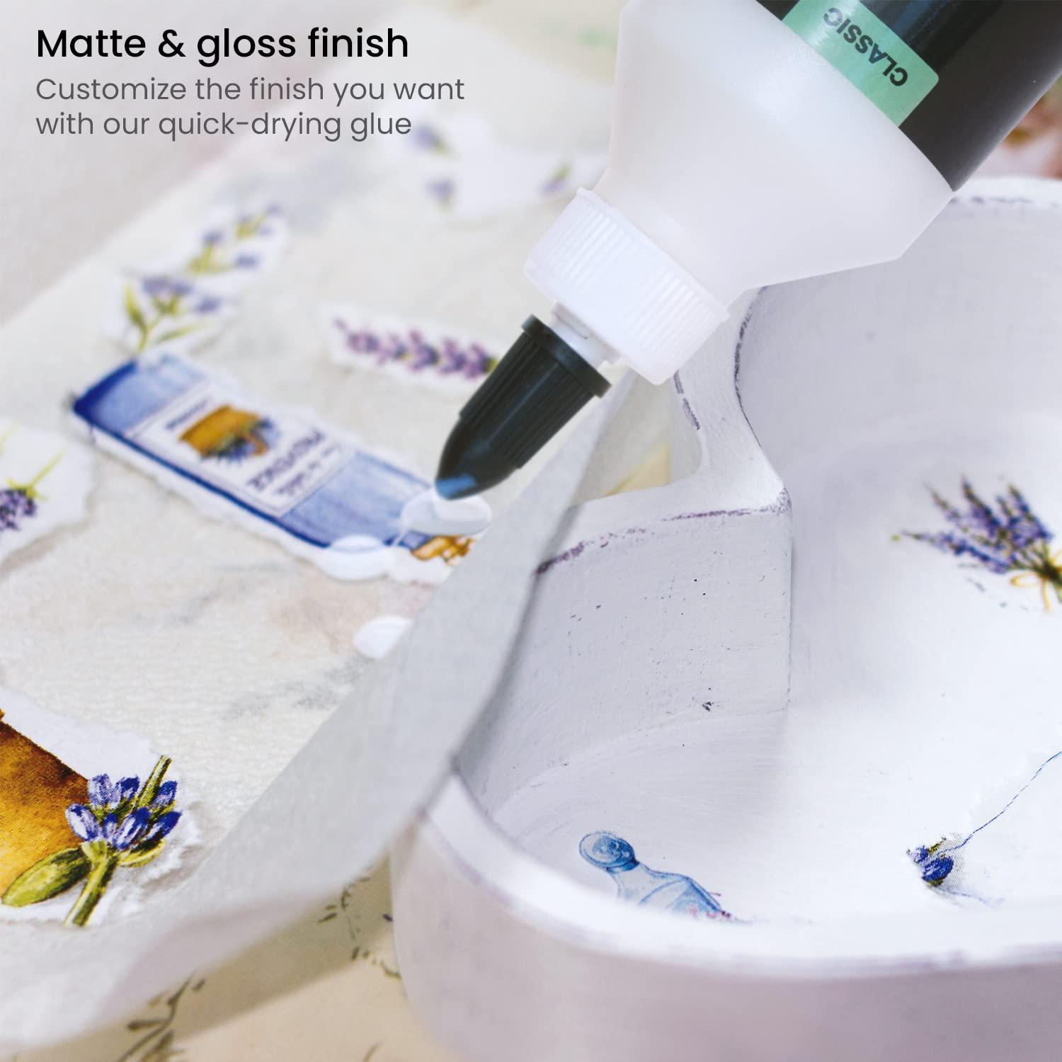 Arteza Decoupage Glue Refill Kit, 1 Gloss- and 1 Matte-Finish Glue, 16-oz Bottles, 3 Foam Brushes, 3 Pairs of Gloves, Art Supplies for Decoupaging on Glass and Furniture, with Fabric and Tissue Paper(Craft Kit)