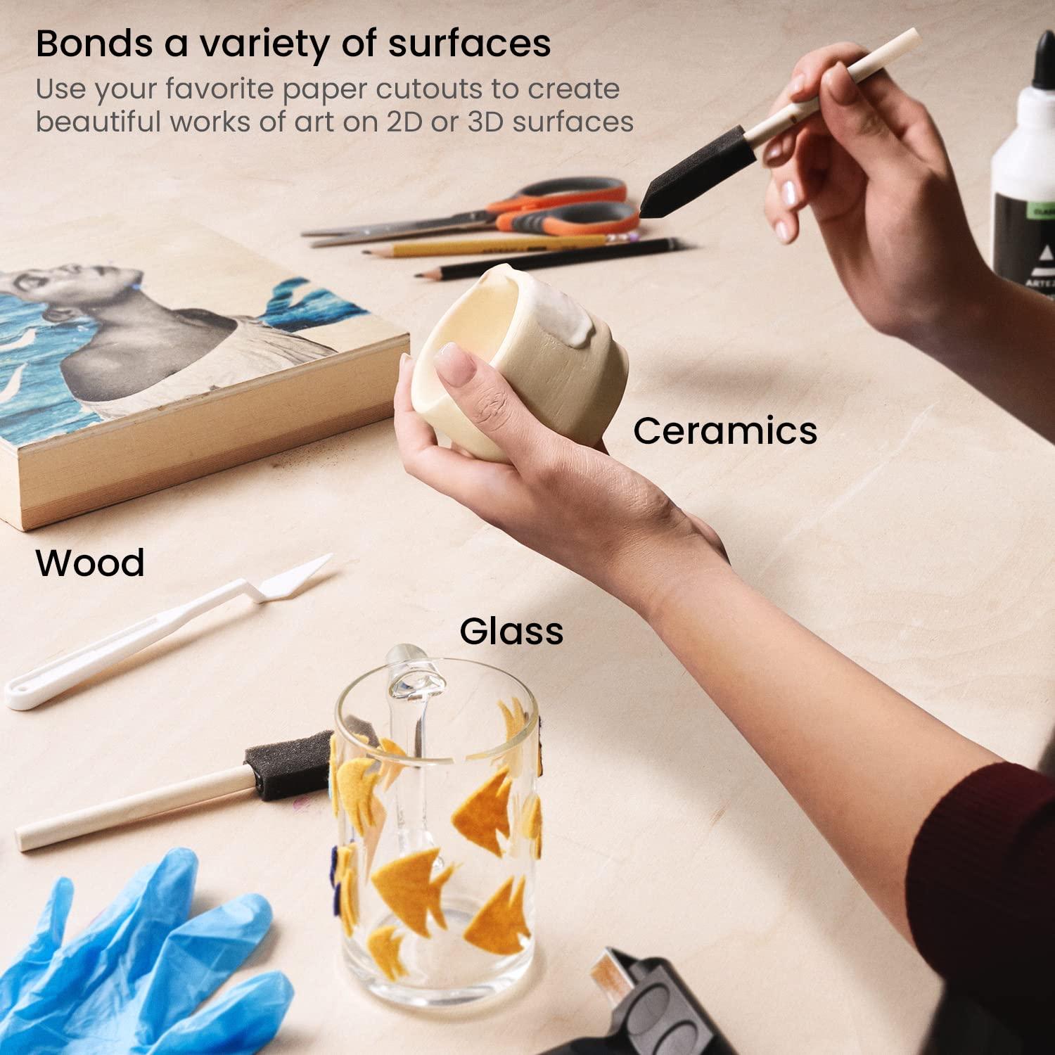 Arteza Decoupage Glue Refill Kit, 1 Gloss- and 1 Matte-Finish Glue, 16-oz Bottles, 3 Foam Brushes, 3 Pairs of Gloves, Art Supplies for Decoupaging on Glass and Furniture, with Fabric and Tissue Paper(Craft Kit)