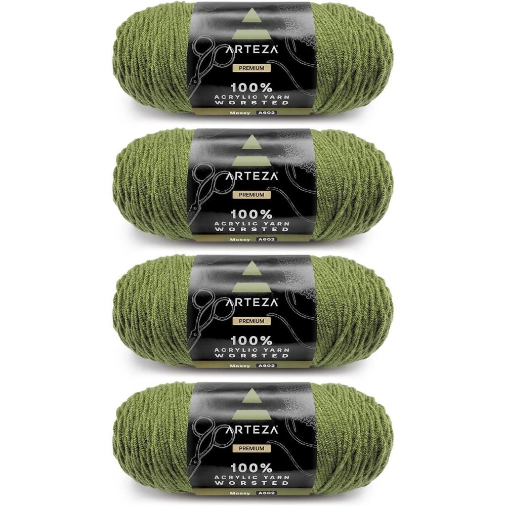 ARTEZA Acrylic Yarn for Crocheting, 4 x 200-g Skeins of Worsted Yarn for Knitting, Mossy A602, Knitting & Crochet Supplies(Pack Mossy)
