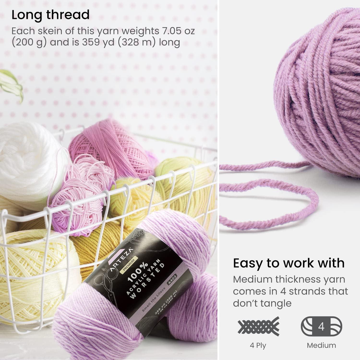 ARTEZA Acrylic Yarn for Crocheting, 4 x 200-g Skeins of Worsted Yarn for Knitting, Mossy A602, Knitting & Crochet Supplies(Smell the Lilacs)