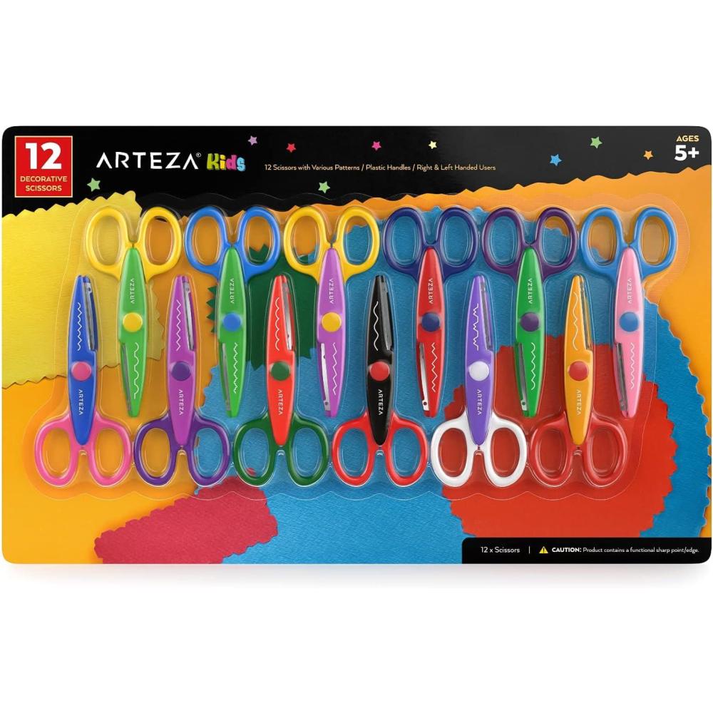 Arteza Kids Decorative Scissors, Set of 12, 5.5 Inches, Craft Scissors with Different Patterns, School Supplies for Teachers and Students