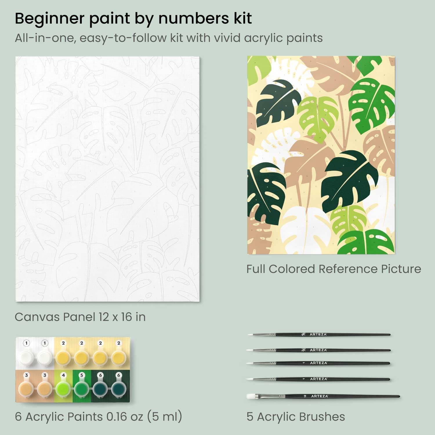 ARTEZA Paint by Numbers Kit, 12×16 Inches, 21 Pieces, Monstera Canvas Painting Kit, Canvas Panel, 12 Acrylic Paint Pots, 5 Paintbrushes, Art Supplies for a Meditative and Calming(Monstera)