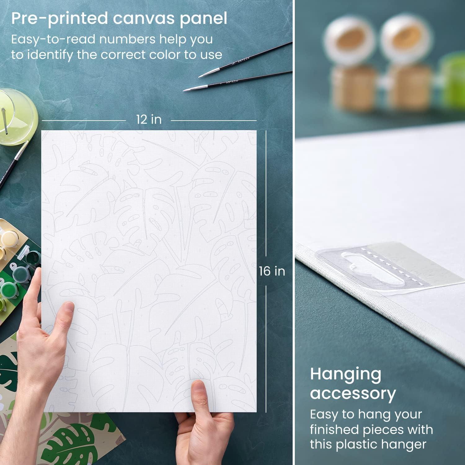 ARTEZA Paint by Numbers Kit, 12×16 Inches, 21 Pieces, Monstera Canvas Painting Kit, Canvas Panel, 12 Acrylic Paint Pots, 5 Paintbrushes, Art Supplies for a Meditative and Calming(Monstera)