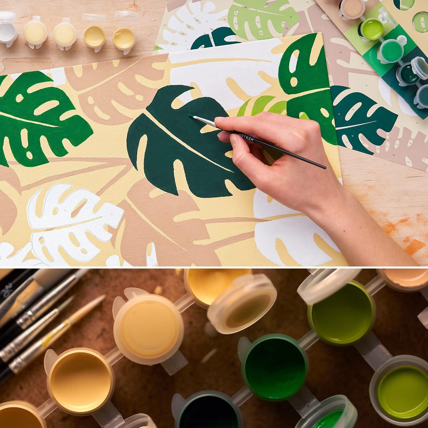ARTEZA Paint by Numbers Kit, 12×16 Inches, 21 Pieces, Monstera Canvas Painting Kit, Canvas Panel, 12 Acrylic Paint Pots, 5 Paintbrushes, Art Supplies for a Meditative and Calming(Monstera)