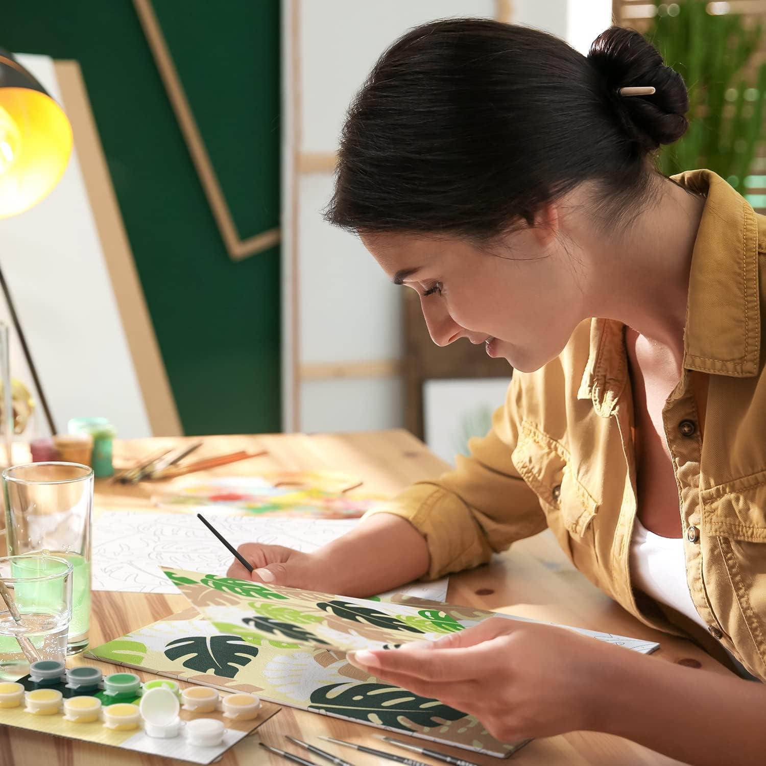 ARTEZA Paint by Numbers Kit, 12×16 Inches, 21 Pieces, Monstera Canvas Painting Kit, Canvas Panel, 12 Acrylic Paint Pots, 5 Paintbrushes, Art Supplies for a Meditative and Calming(Monstera)