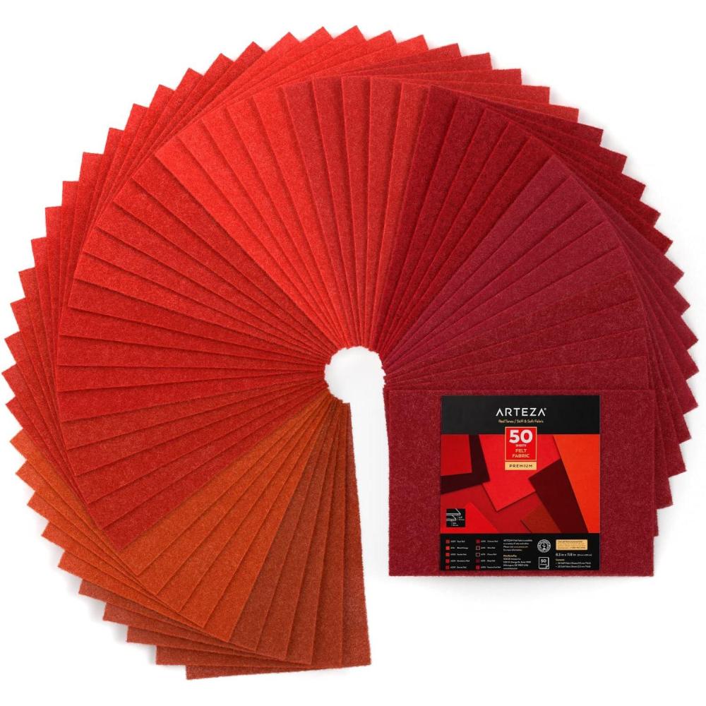 ARTEZA Red Craft Felt Sheets, 8.3 x 11.8 Inches, Set of 50, 20 Soft and 30 Stiff Non Woven Felt Fabric for Sewing and DIY Projects