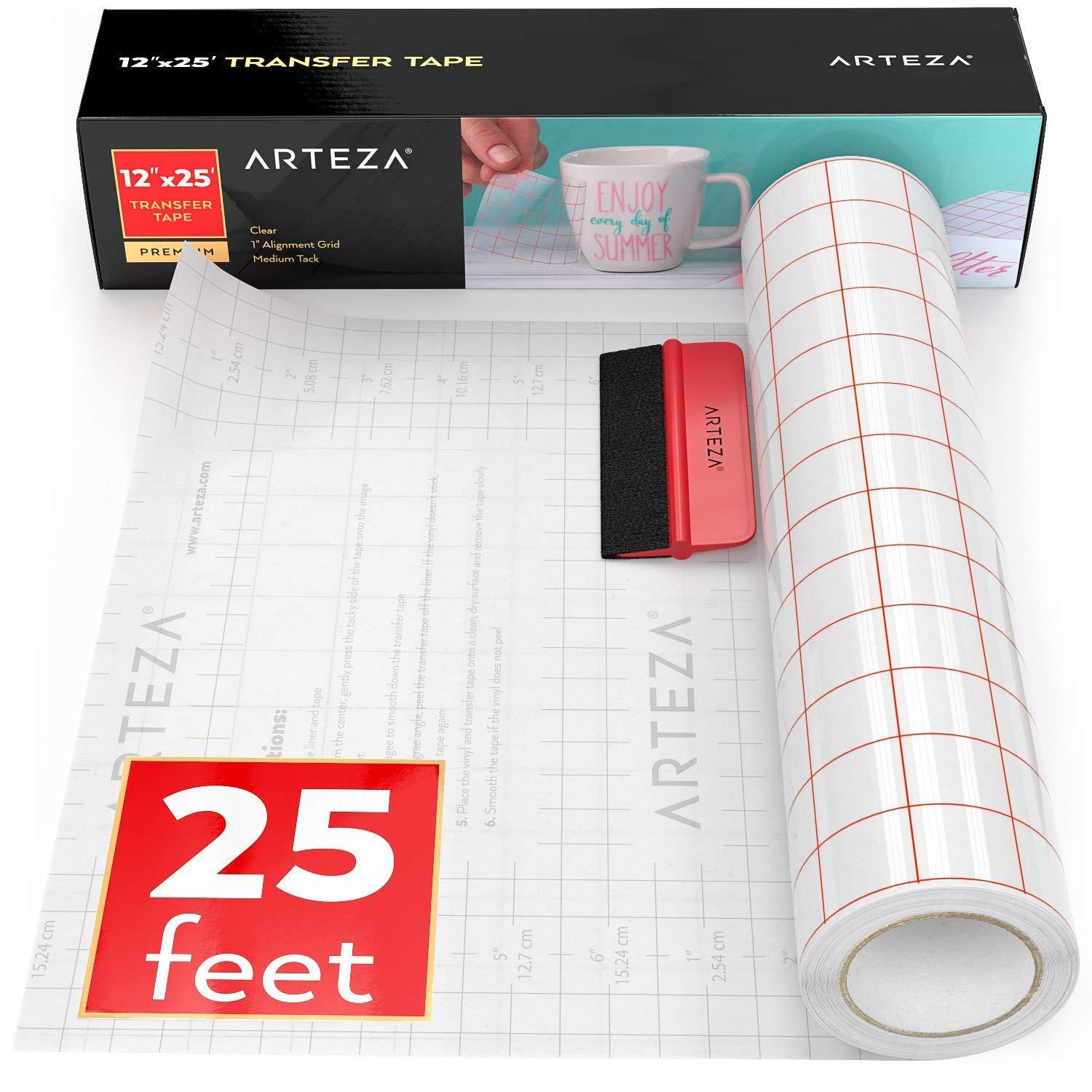 ARTEZA Ultra Clear Transfer Tape Paper with Grid & Squeegee, 12 Inch Wide x 12 Foot Long Roll, for Alignment & Transfer of Adhesive Vinyl for Decals, Signs, Walls, Windows & Smooth Surfaces(25 Foot long)