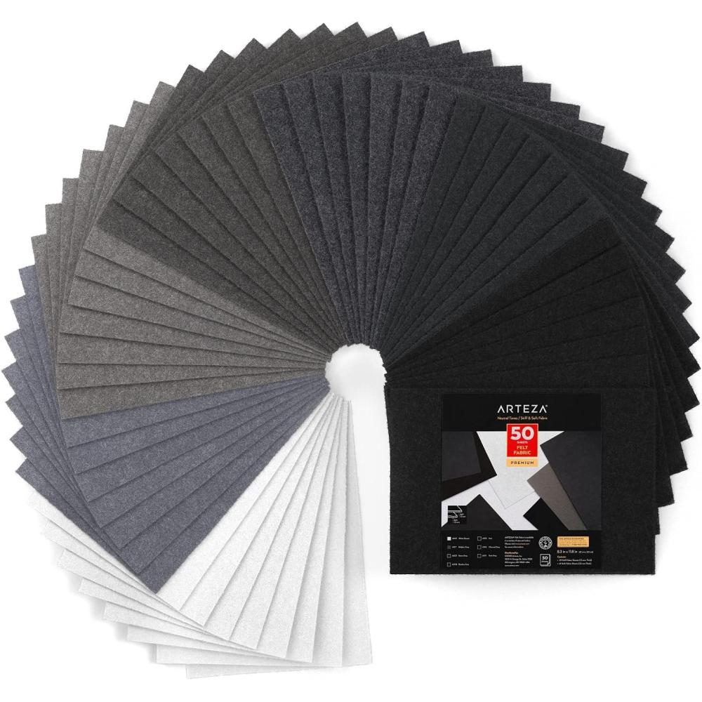 Arteza Craft Felt Sheets, Set of 50, 8.3 x 11.8 inches, 7 Neutral Tones, 21 Soft and 29 Stiff Non Woven Felt Fabric Squares, 1.5mm and 1.3mm Thick, Sewing Fabric for DIY Projects