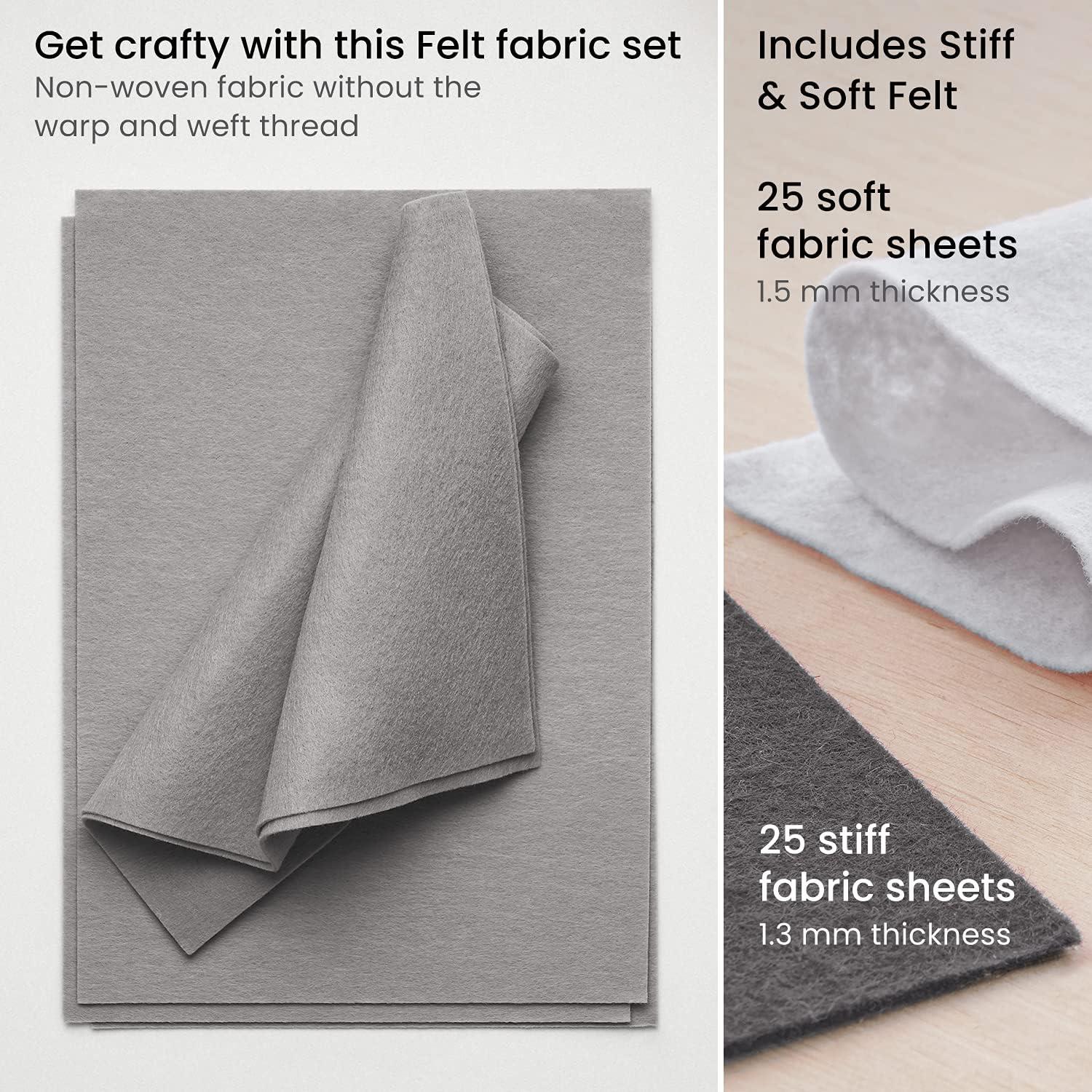 Arteza Craft Felt Sheets, Set of 50, 8.3 x 11.8 inches, 7 Neutral Tones, 21 Soft and 29 Stiff Non Woven Felt Fabric Squares, 1.5mm and 1.3mm Thick, Sewing Fabric for DIY Projects