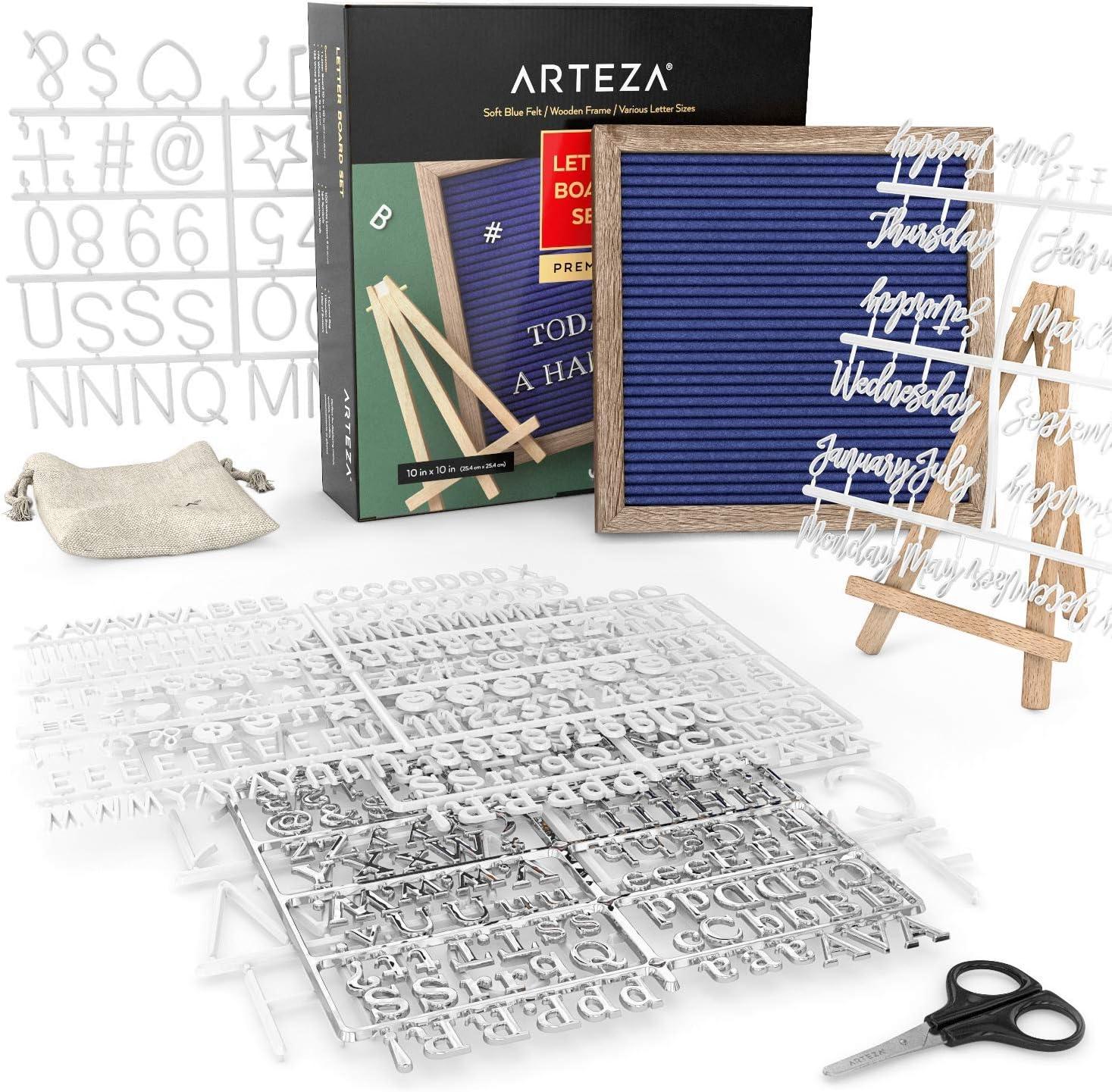 Arteza Gray Felt Letter Board Set, 10×10 Inches, With 526 Changeable Letters, 164 Symbols, 33 Cursive Words, Wooden Stand, Scissors & Storage Bag, Message Board for Signs, Decor & Menus(Blue)