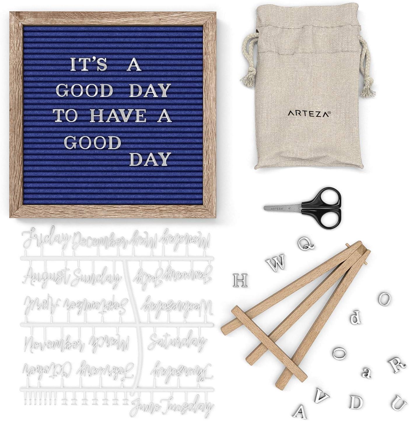 Arteza Gray Felt Letter Board Set, 10×10 Inches, With 526 Changeable Letters, 164 Symbols, 33 Cursive Words, Wooden Stand, Scissors & Storage Bag, Message Board for Signs, Decor & Menus(Blue)