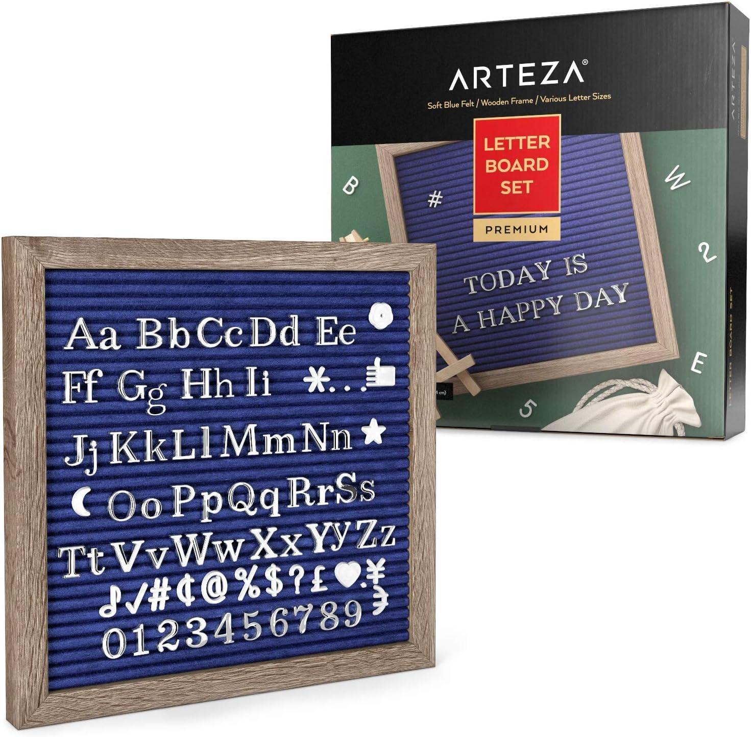 Arteza Gray Felt Letter Board Set, 10×10 Inches, With 526 Changeable Letters, 164 Symbols, 33 Cursive Words, Wooden Stand, Scissors & Storage Bag, Message Board for Signs, Decor & Menus(Blue)