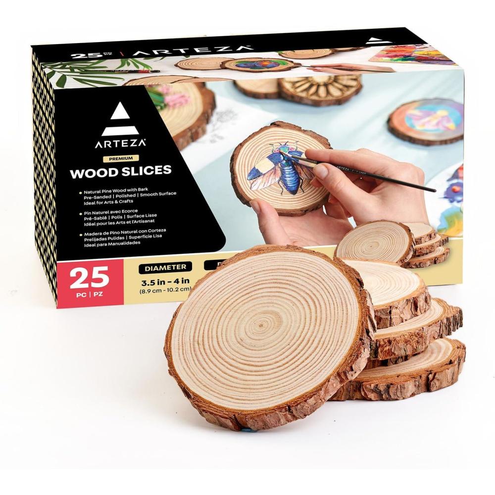 ARTEZA Natural Wood Slices, 3.5-4 Inch Diameter, Set of 25, Brown Round Pine Wood Discs with Bark for Crafts, Christmas Ornaments, Centerpieces(M)